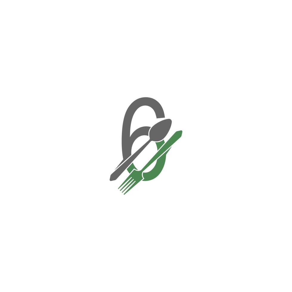 número 6 con vector de diseño de icono de logotipo de tenedor y cuchara