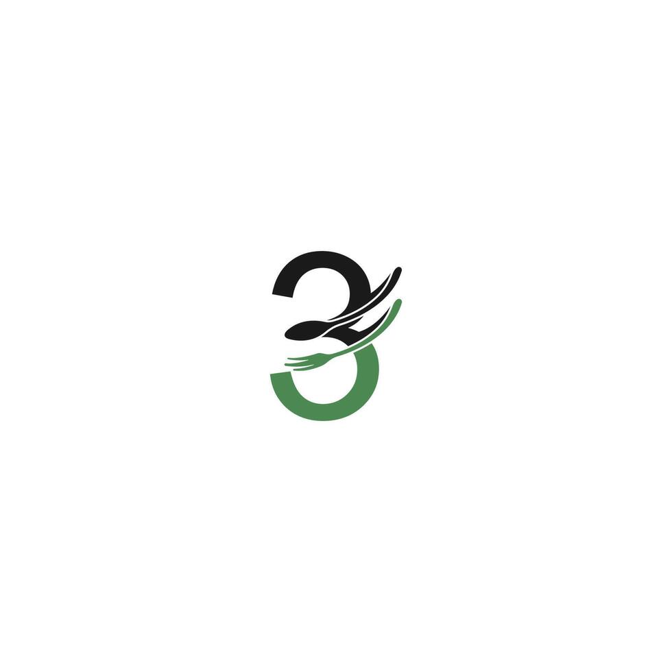 número 3 con vector de diseño de icono de logotipo de tenedor y cuchara