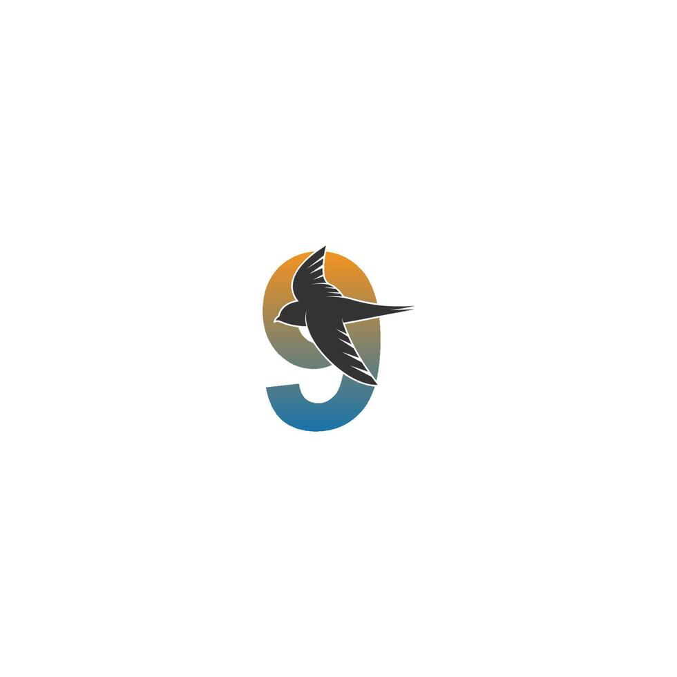 logotipo número 9 con vector de diseño de icono de pájaro veloz