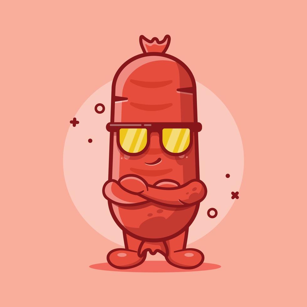 dibujos animados aislados de mascota de personaje de comida de salchicha súper genial en diseño de estilo plano vector