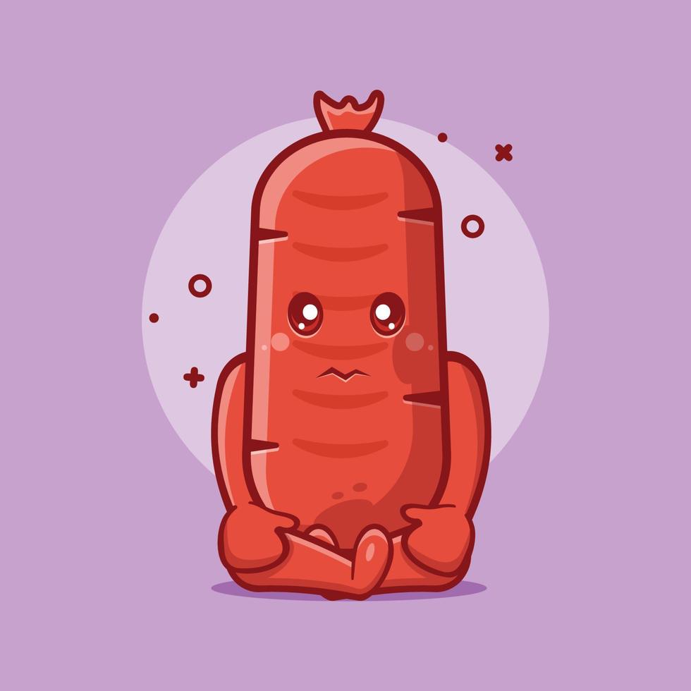 mascota de personaje de comida de salchicha triste con pose sentada dibujos animados aislados en diseño de estilo plano vector