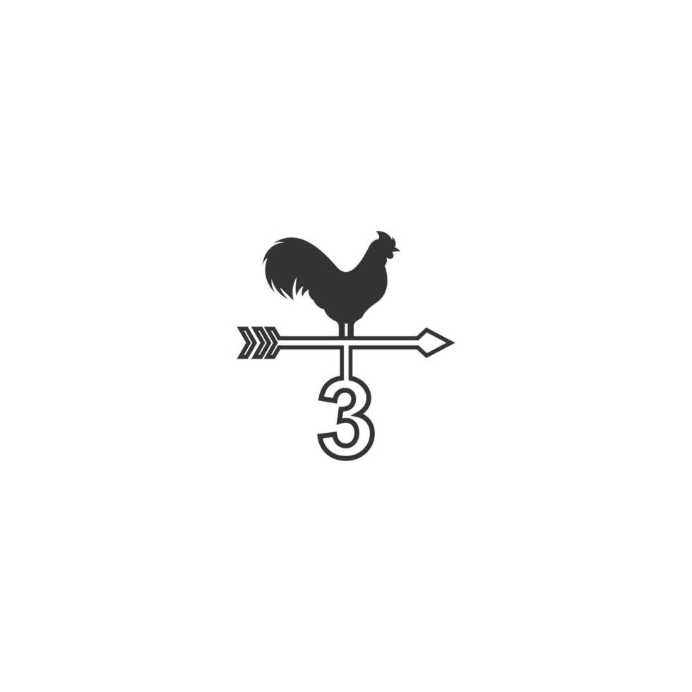 Number 3 logo with rooster wind vane icon design vector