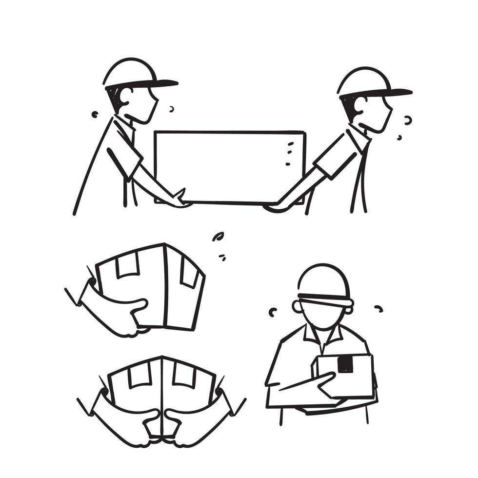 hand drawn doodle delivery man lifts and send the package illustration vector