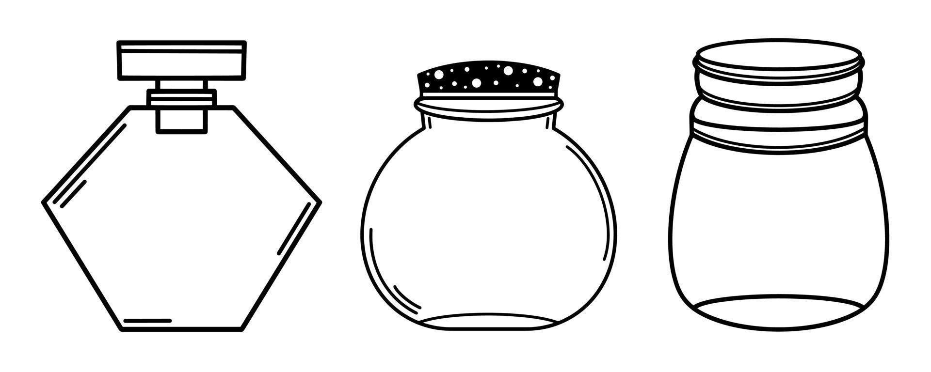 Set jars with lids. Isolated vector bottles on a white background. Empty glass vials. Hand drawn doodle, outline of a flask.