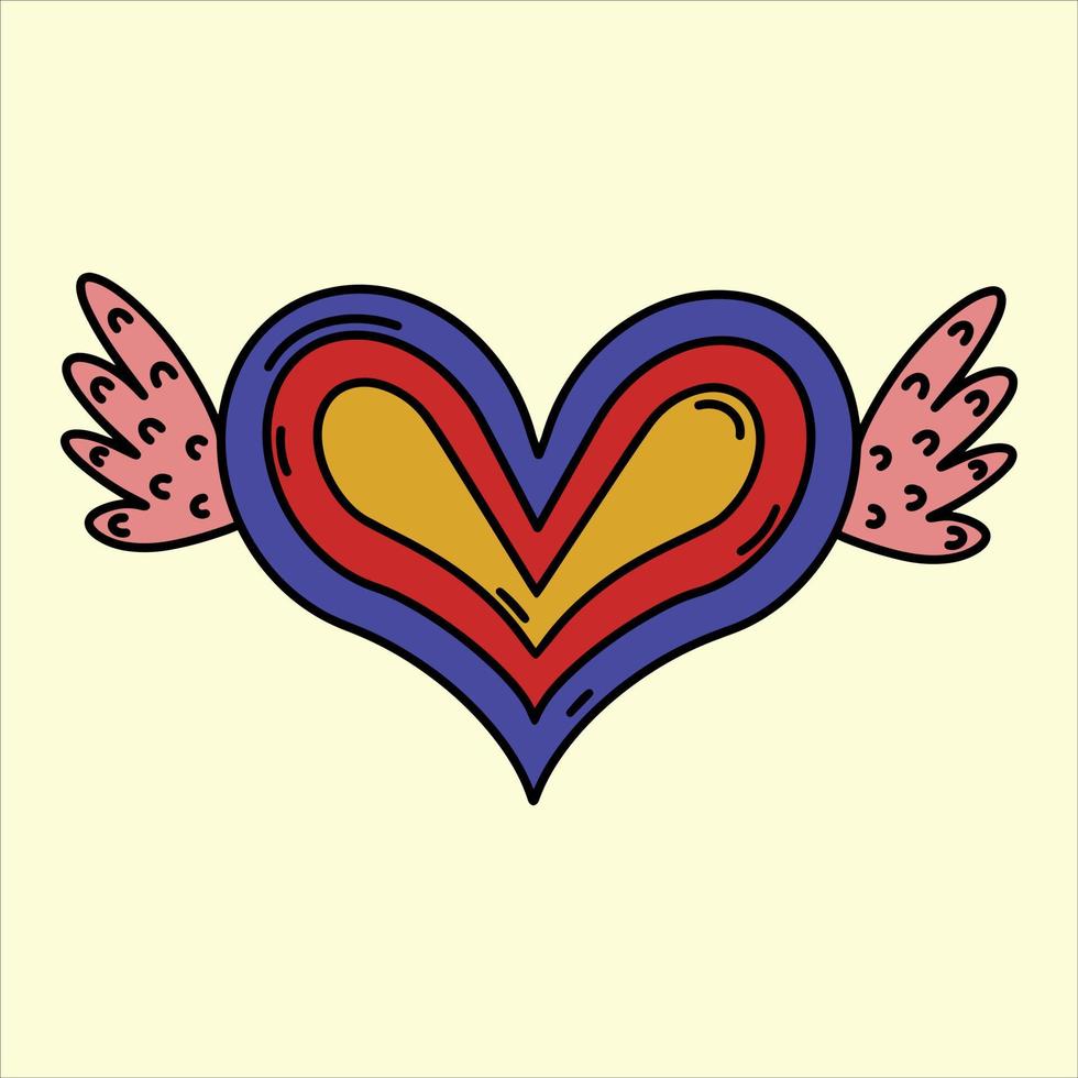 Vintage heart with flying wings vector icon. Hand drawn retro illustration, 70s style. Groove hippie print for decoration, t-shirt design, stickers, cards. Cartoon psychedelic symbol of love