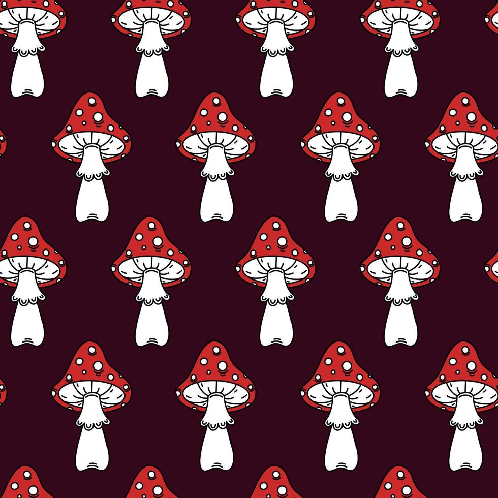 Amanitas seamless vector pattern. Red poisonous mushrooms. Hand-drawn illustration on dark background. Toxic grebe, cartoon backdrop for decoration, t-shirt design, fabric, web