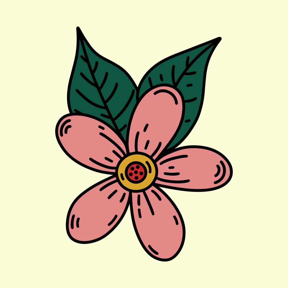 hermosa flor de sakura rosa con icono de vector de hojas. rama de planta de jardín con flores, estilo plano. boceto botánico vintage, garabato coloreado. clipart brillante para decoración, diseño de camisetas, pegatina