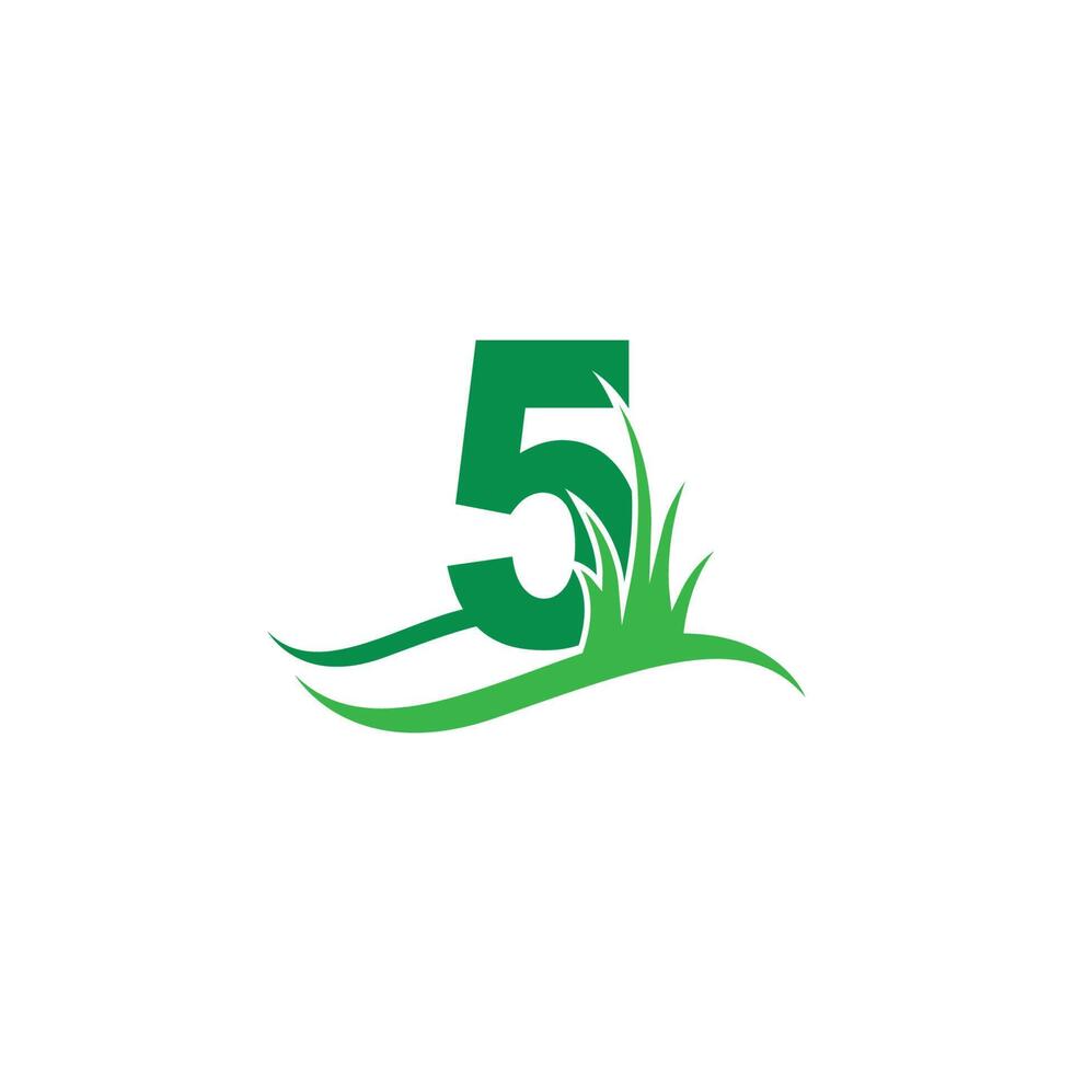 número 5 detrás de un vector de diseño de logotipo de icono de hierba verde