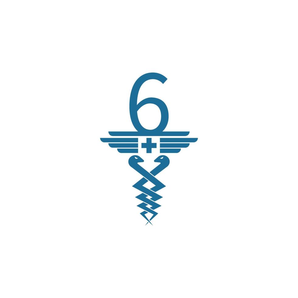 número 6 con vector de diseño de logotipo de icono de caduceo