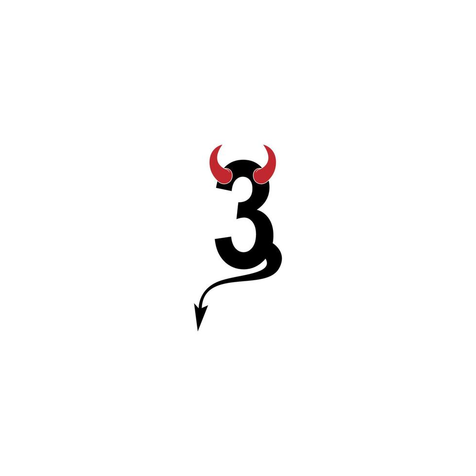 número 3 con cuernos del diablo y vector de diseño de logotipo de icono de cola