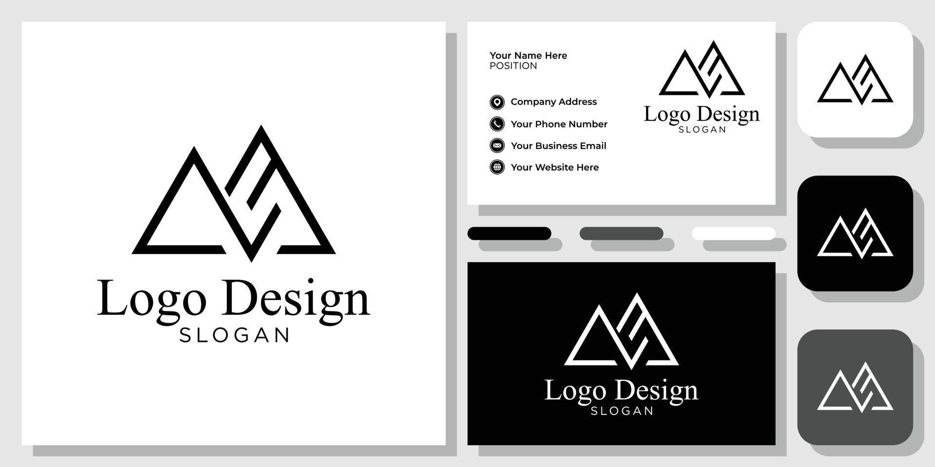 logo design mountain peak outline geometric with business card template vector