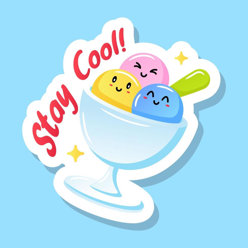 An ice cream cup with three scoops, flat sticker vector