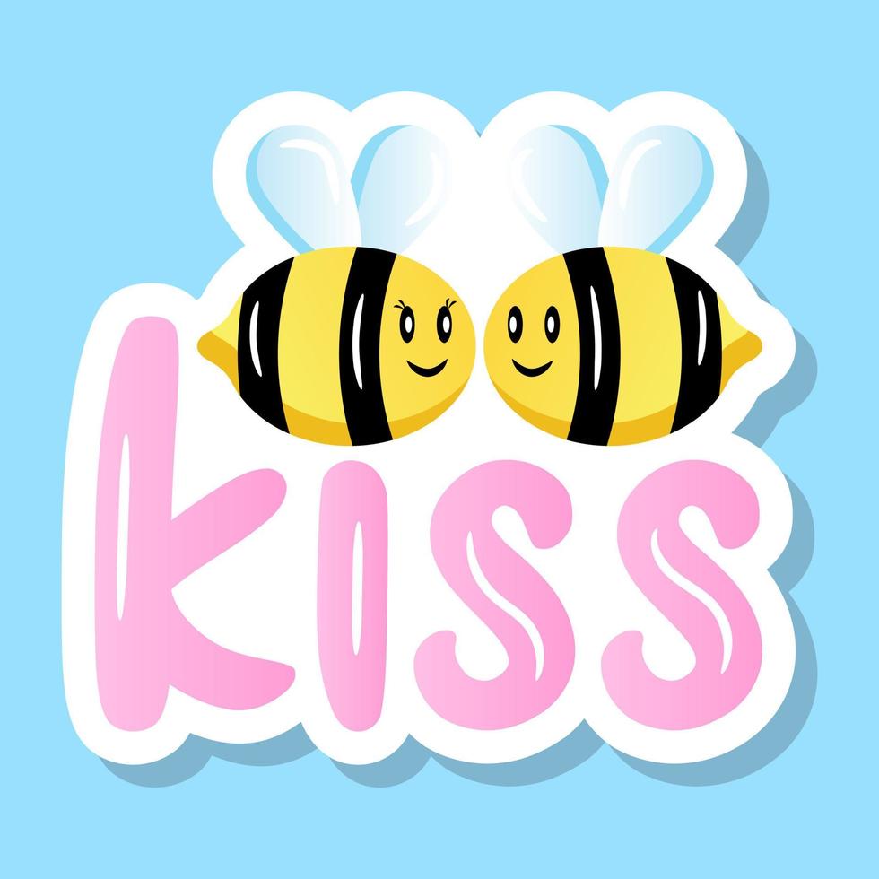 Cute bumblebee with kiss concept, bee kiss flat sticker vector