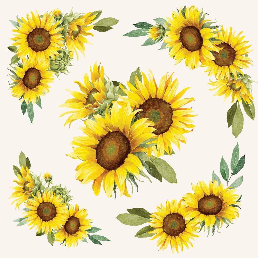 Watercolor Sunflowers Bouquets Collection vector