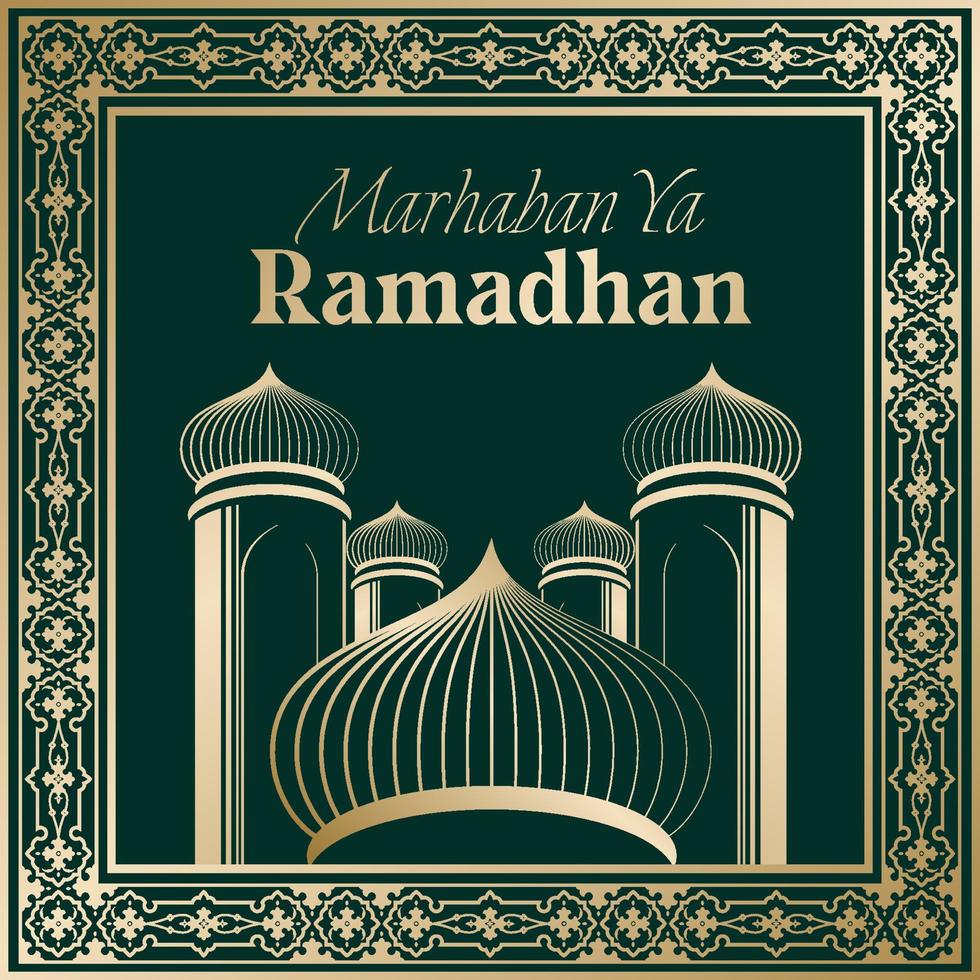 vector illustration of mosque and ramadan kareem greeting poster frame. Ramadan greeting document. mosque line vector golden line illustration