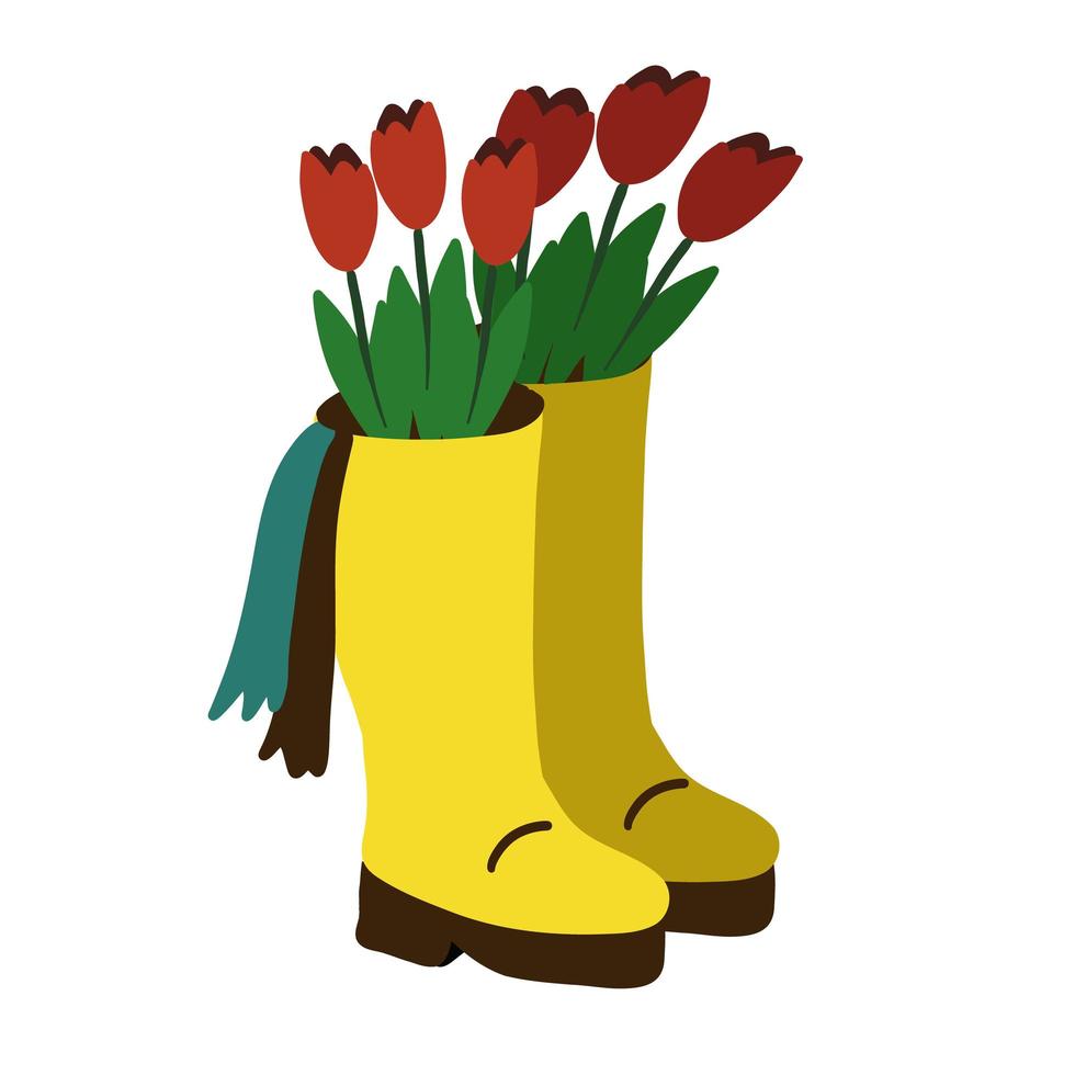 Bunch of tulips in yellow boots. Vector illustration