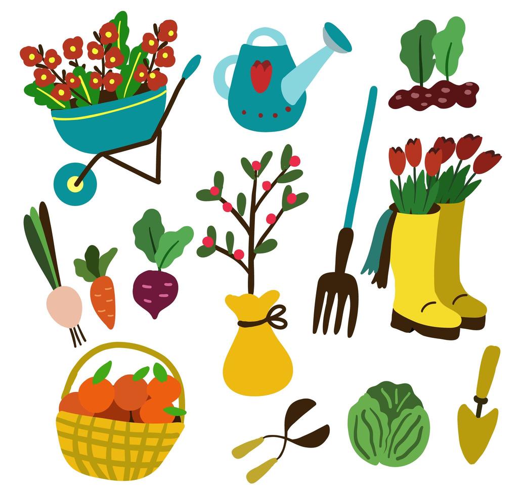 Set of gardening tools and equipment in doodle style. vector