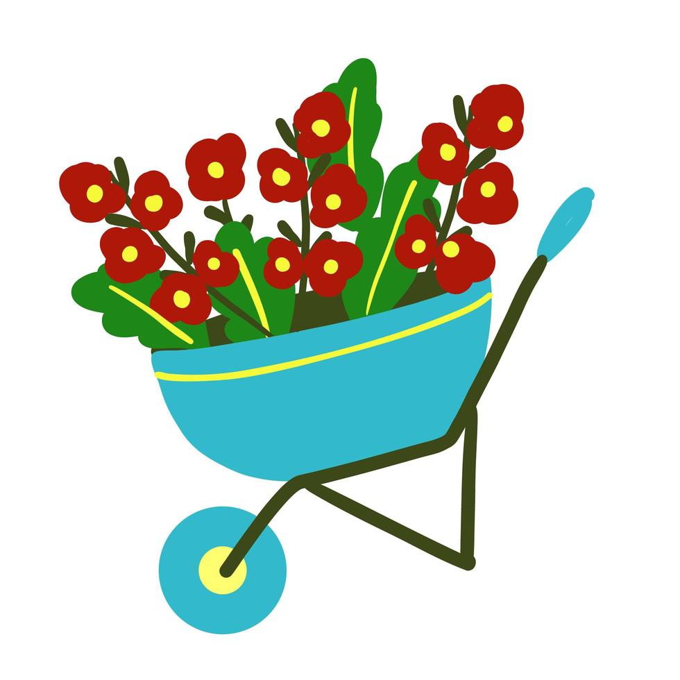 Cute doodle wheelbarrow with flowers isolated on white vector