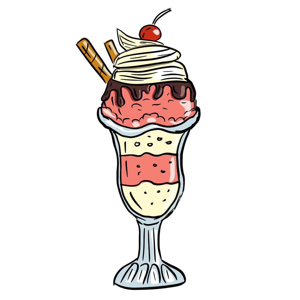 Vanilla ice cream with chocolate and cherry. Vector illustration