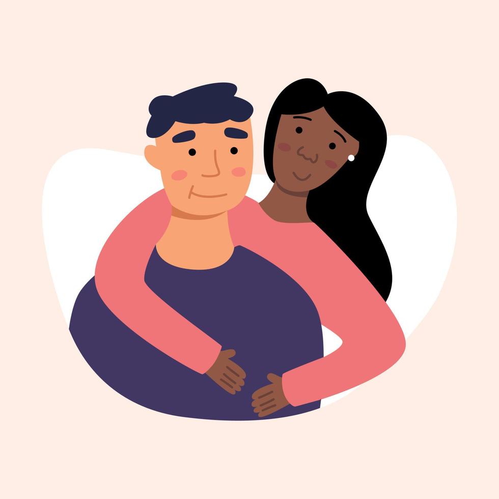 The woman grabs the man with her arms from behind and hugs. Vector illustration of cartoon character flat. Family and love relationships