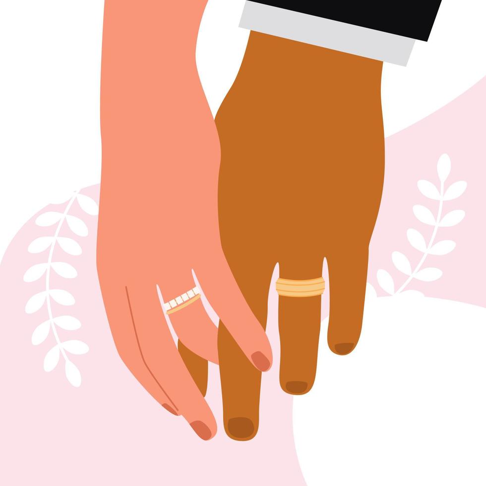 manos de los recién casados en la boda en anillos de boda. vector