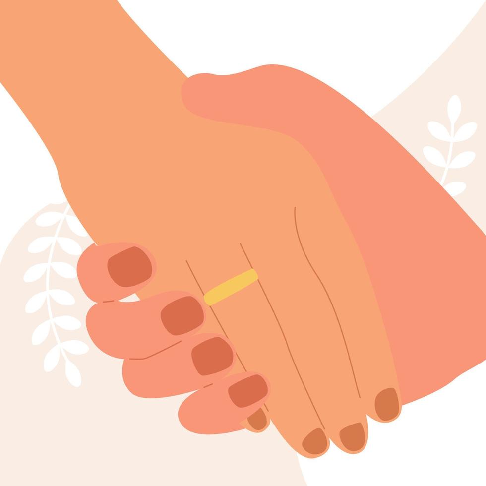 Hands of the newlyweds at the wedding in wedding rings. vector