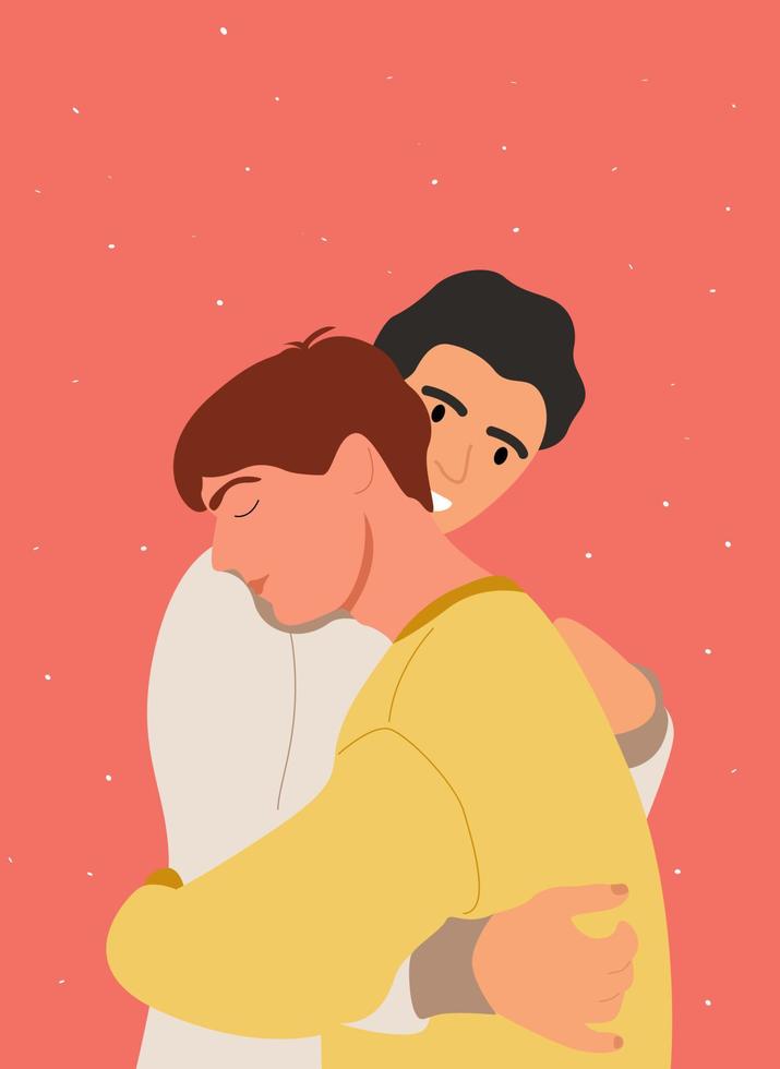 Lovely gay LGBT teens love each other and cuddle. The relationship of men and their hugs. Vector illustration.