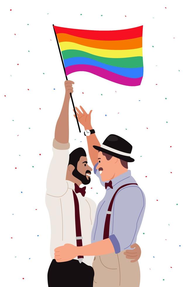 un par de hombres gay con traje en la boda sostienen una bandera lgbt. vector