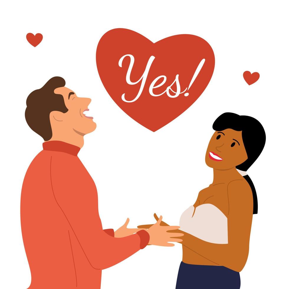 The man made a marriage proposal to his beloved and she said YES. Vector illustration of two newlyweds.