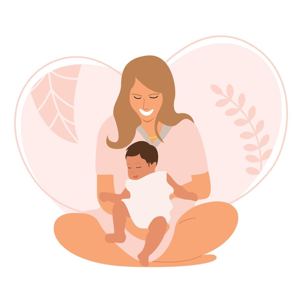 A young mother sits in a lotus position and hugs her newborn baby. New life and motherhood. Baby card. vector