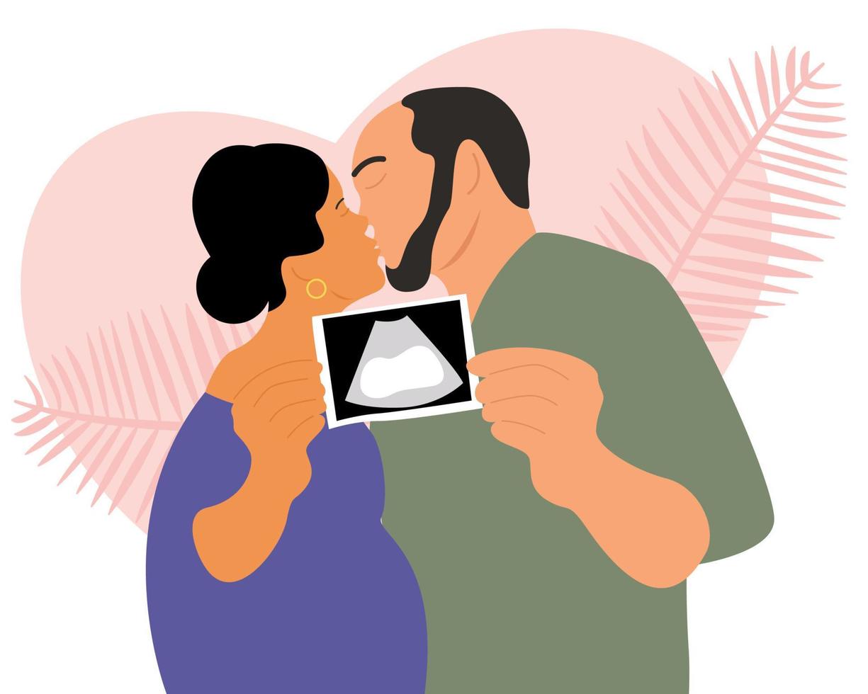 Young parents found out the gender of their unborn child. The couple holds an ultrasound picture in their hands. Parents and family. vector