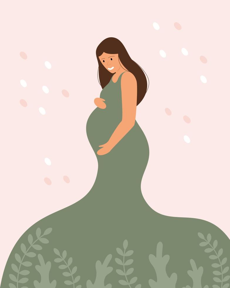 Young expectant mother hugs her big belly. Green dress on a pregnant woman. Universe and love. Pregnancy and motherhood. vector
