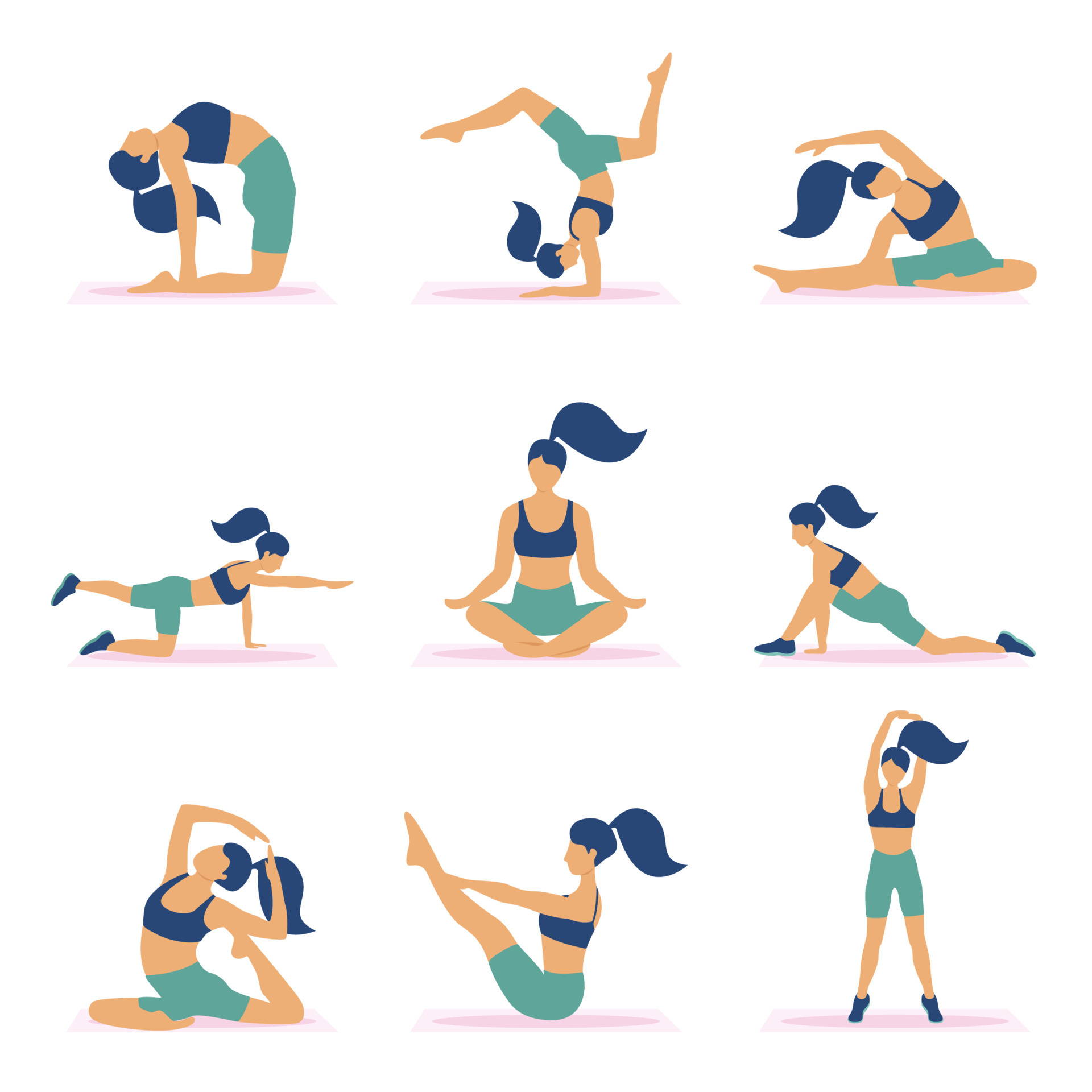 Vector set of sports women doing yoga and pilates on the mat and doing  breathing practices. 6722787 Vector Art at Vecteezy