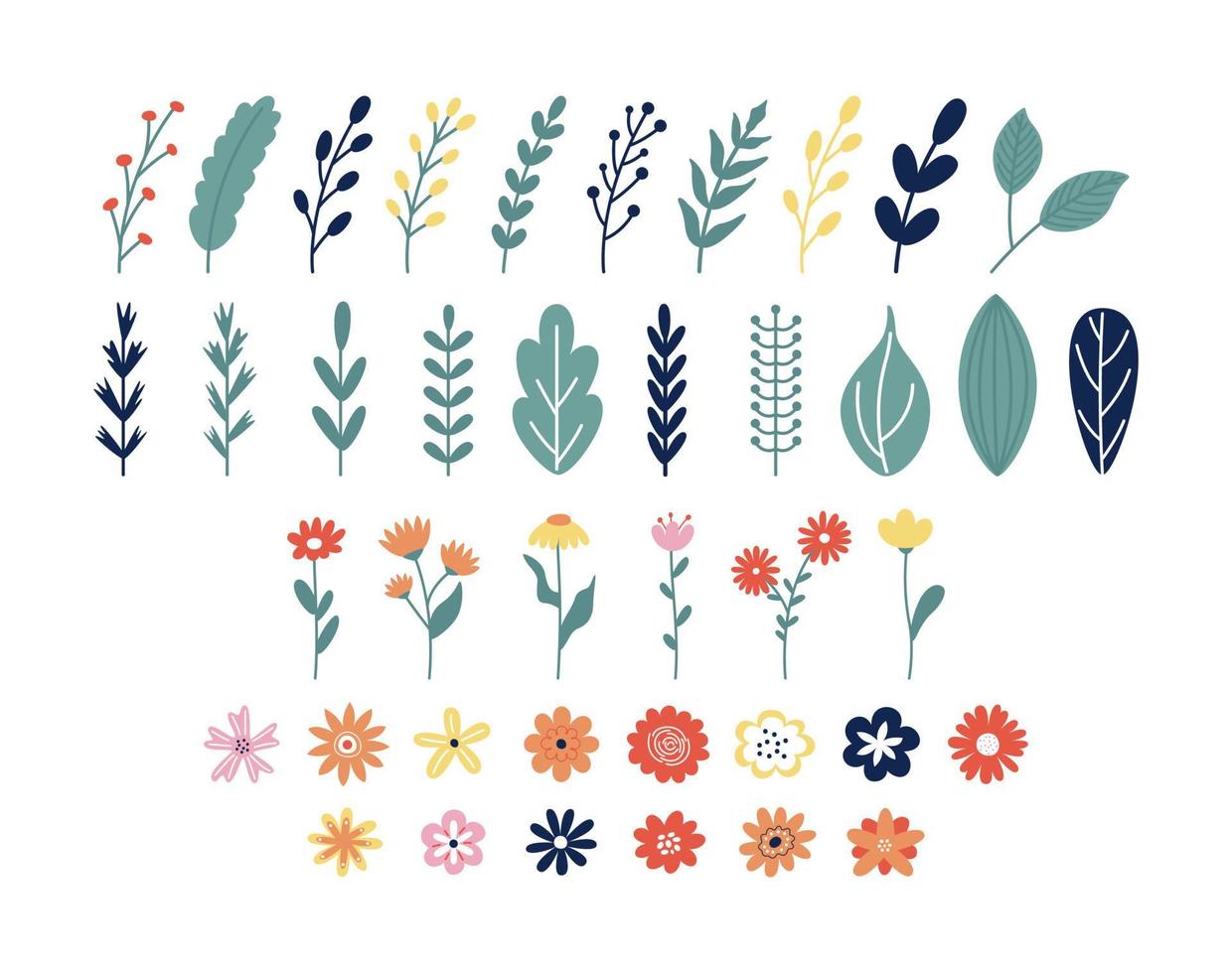 Collection of spring branches, petals and flowers. Vector illustration set