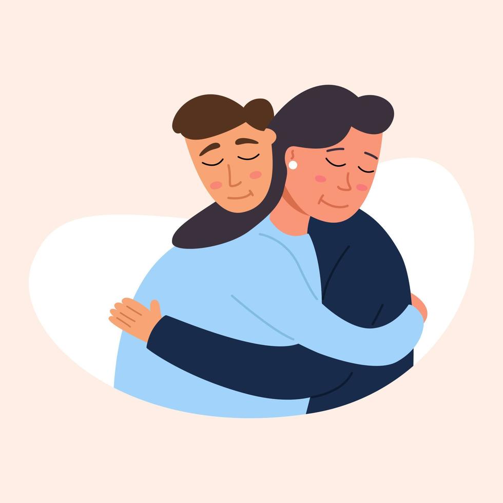 The woman and the man embrace each other with their arms behind their backs and hug. Vector illustration of cartoon character flat.