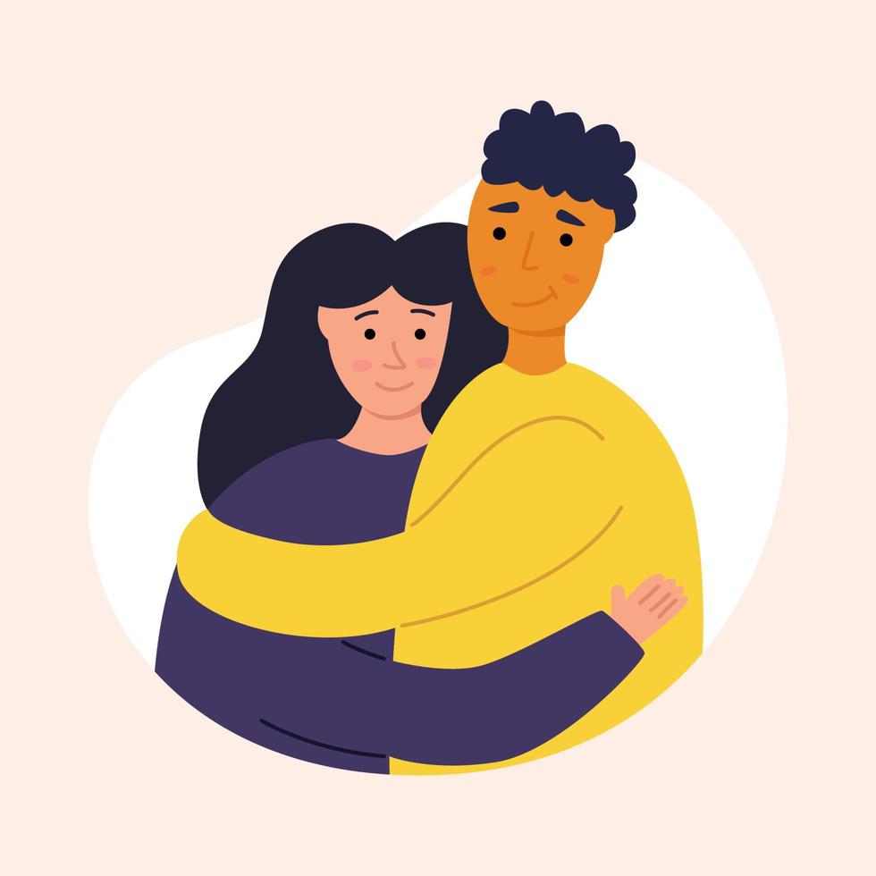 A woman and a man embrace each other and hug. Vector illustration of cartoon character flat.