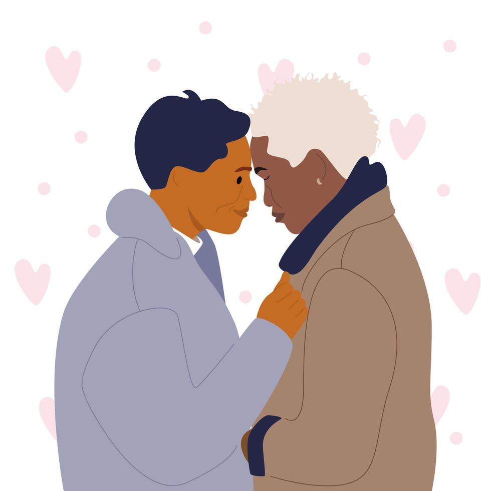 Lovers gay men in outerwear look at each other with tenderness. African American male with platinum hair. vector