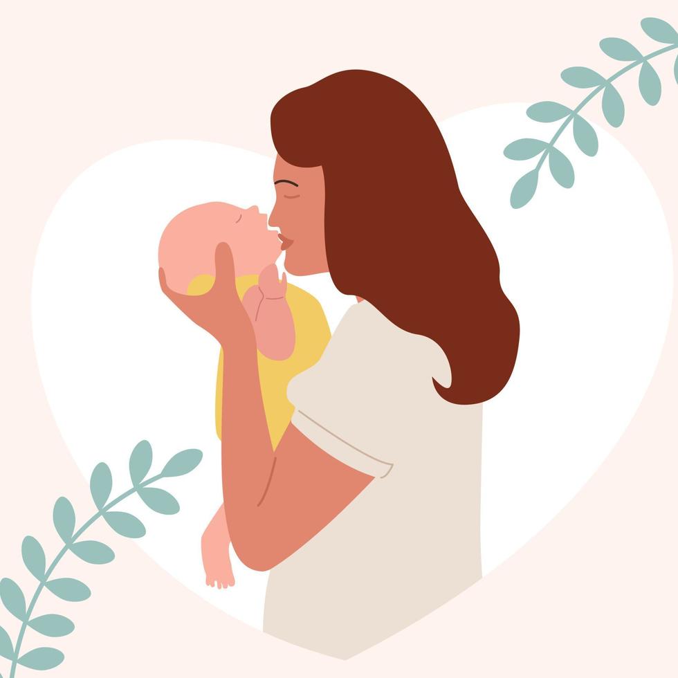 A young mother kisses and hugs her newborn baby. New life and motherhood. Baby card. vector