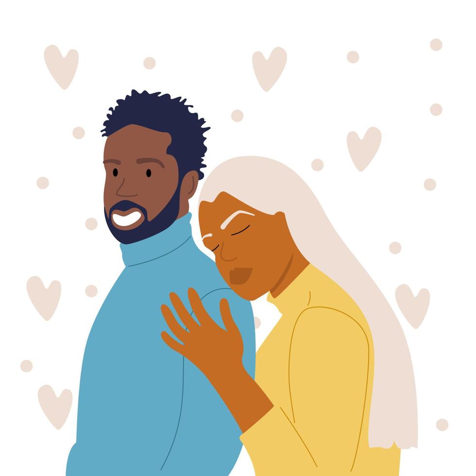 A dark-skinned woman hugs a dark-skinned man by the shoulders. Family, relationships, love vector