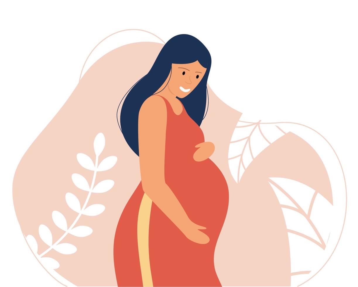 A pregnant woman hugs her belly. Pregnancy and motherhood. Medicine and health. Vector flat illustration.