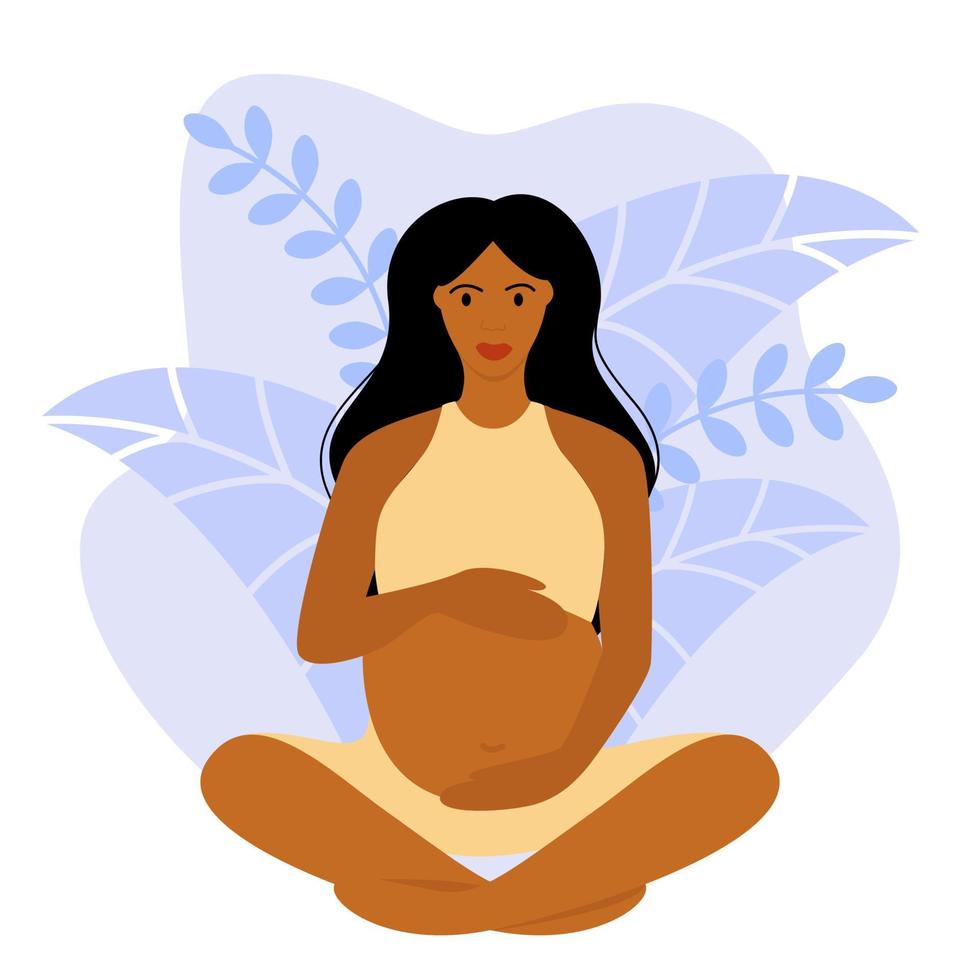 A pregnant girl hugs her big naked belly in the lotus position. Cute future mother on a blue background with leaves. Vector flat illustration. Childbirth and motherhood.