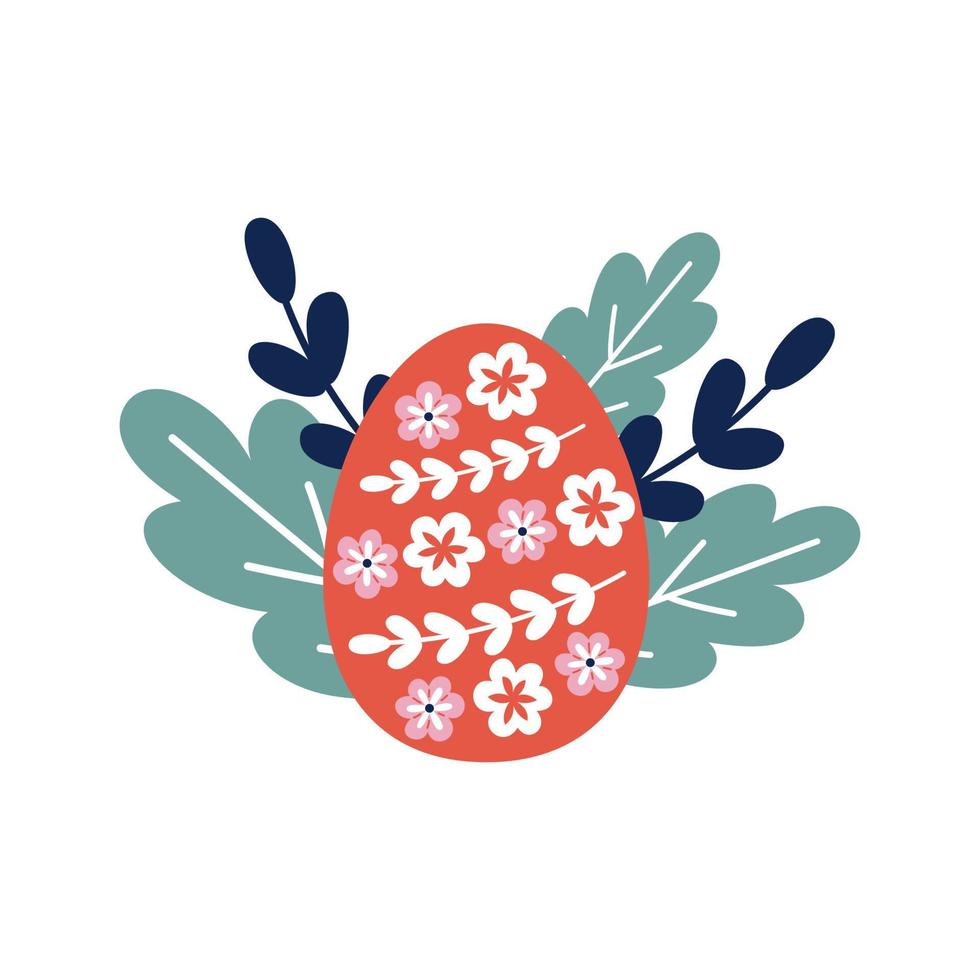 Easter red egg with flowers in leaves. Vector illustration flat