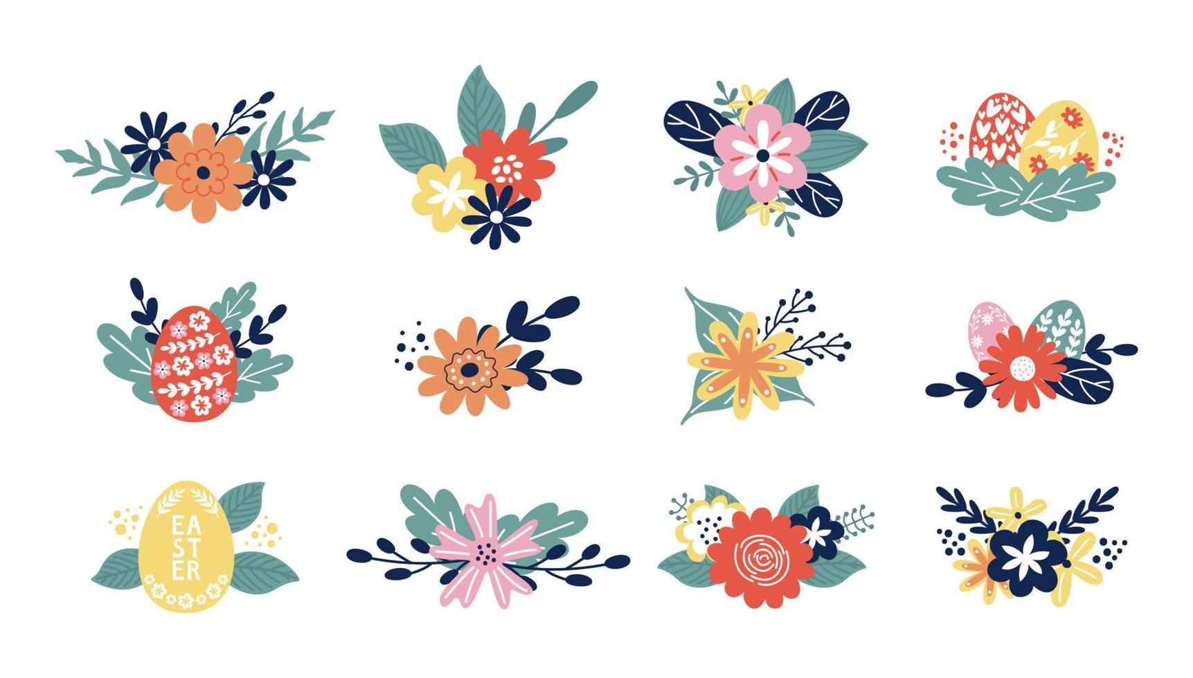 Collection of spring bouquets, petals and flowers. Vector illustration set