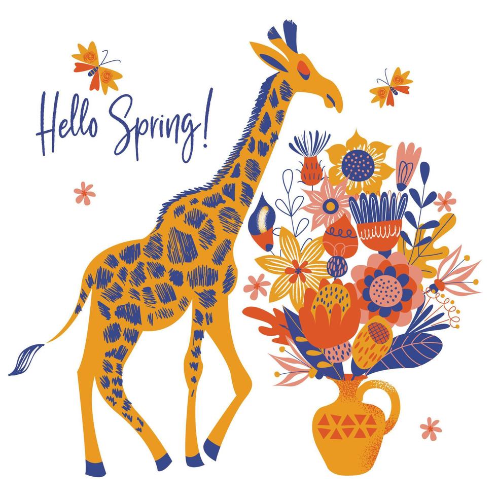 A tall giraffe and a bouquet of flowers in a vase. Vector illustration on a white background.