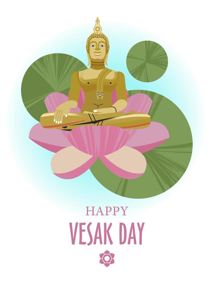 Vesak day banner with Gold Buddha and Lotus petals. Vector illustration.