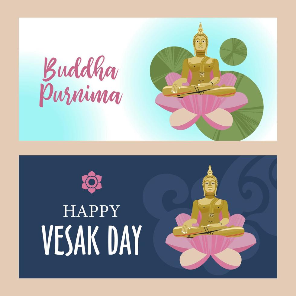 Vesak day banner with Gold Buddha and Lotus petals. Vector illustration.