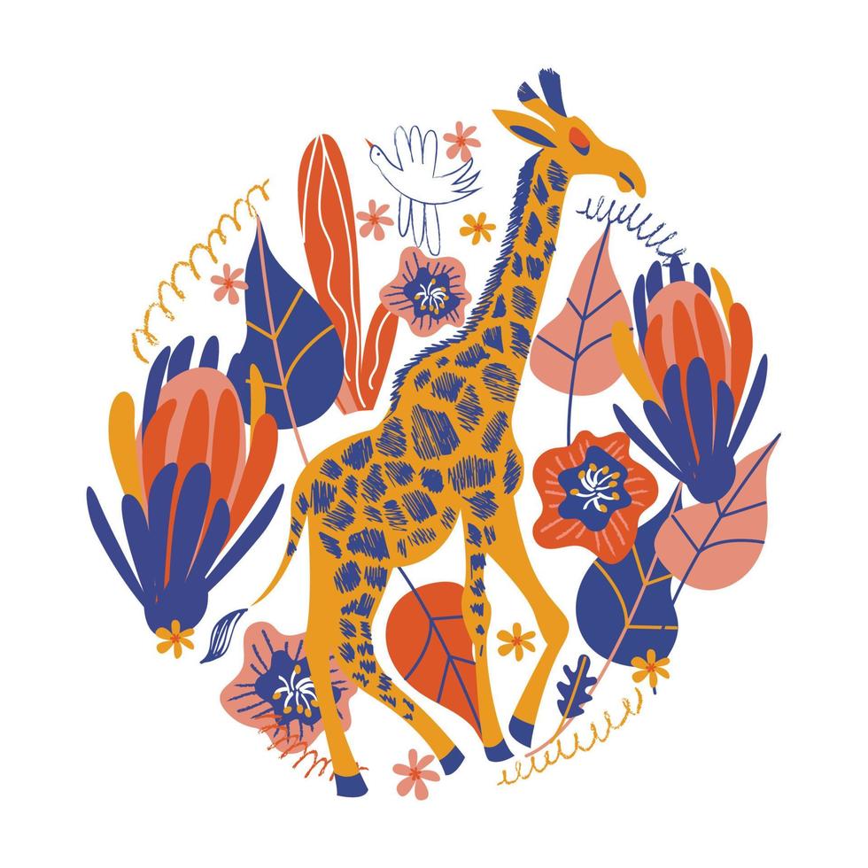 Flower arrangement a round shape and a cute giraffe. Vector illustration on a white background.