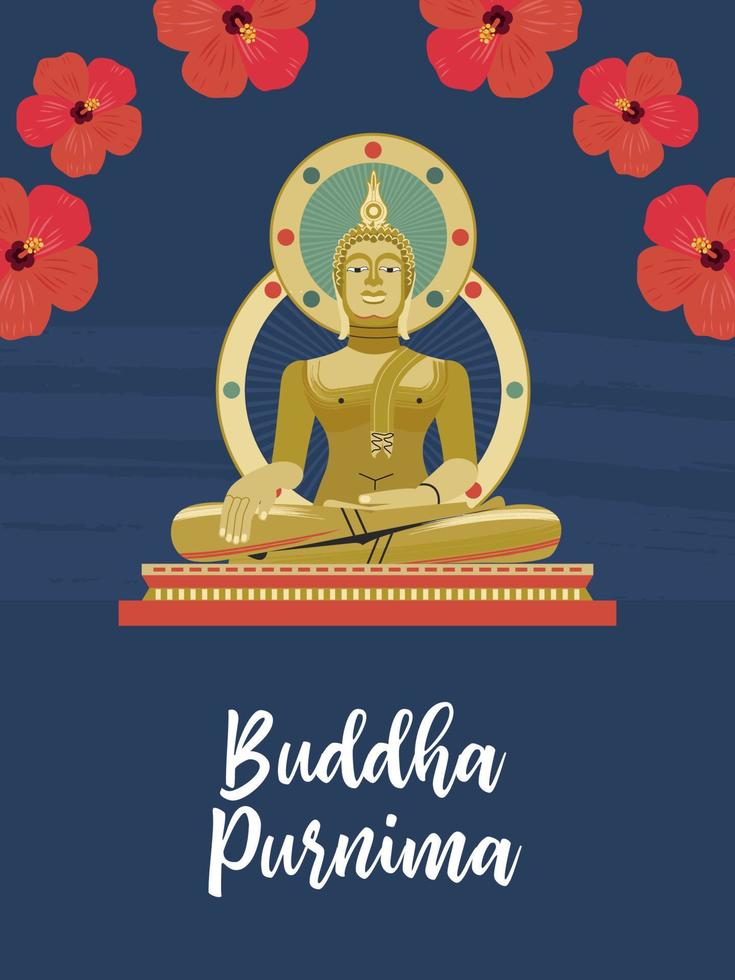 Vesak day banner with Gold Buddha and Lotus petals. Vector illustration.