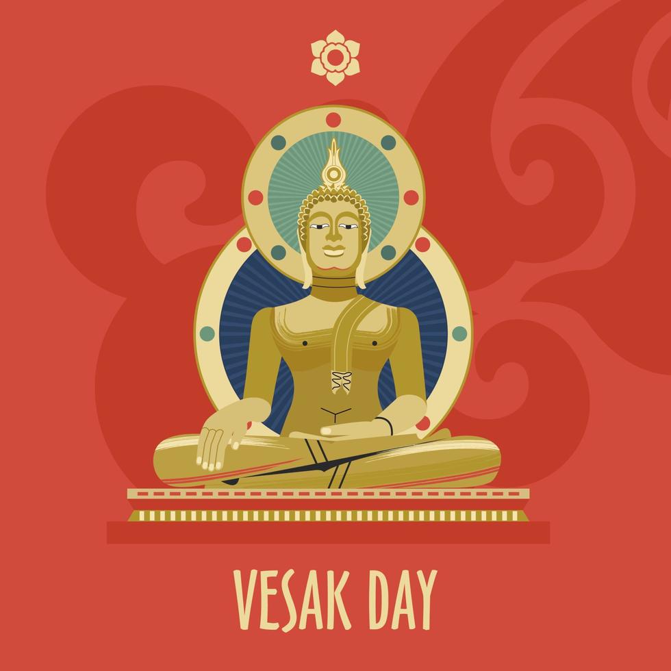 Vesak day banner with Gold Buddha and Lotus petals. Vector illustration.