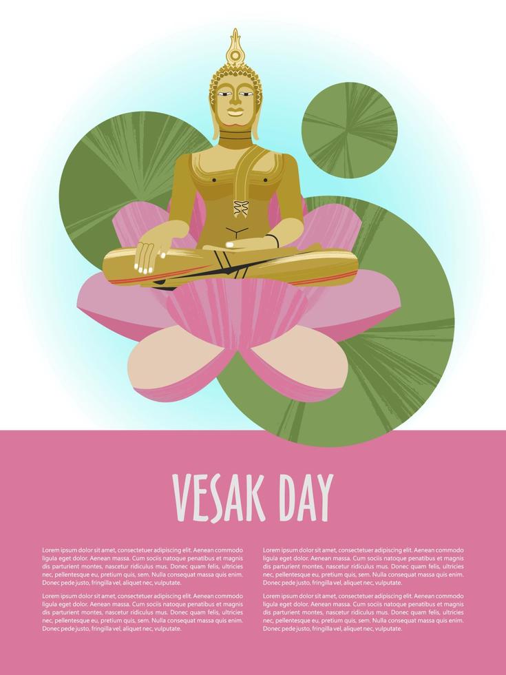 pancarta del día de vesak con buda de oro y pétalos de loto. ilustración vectorial vector